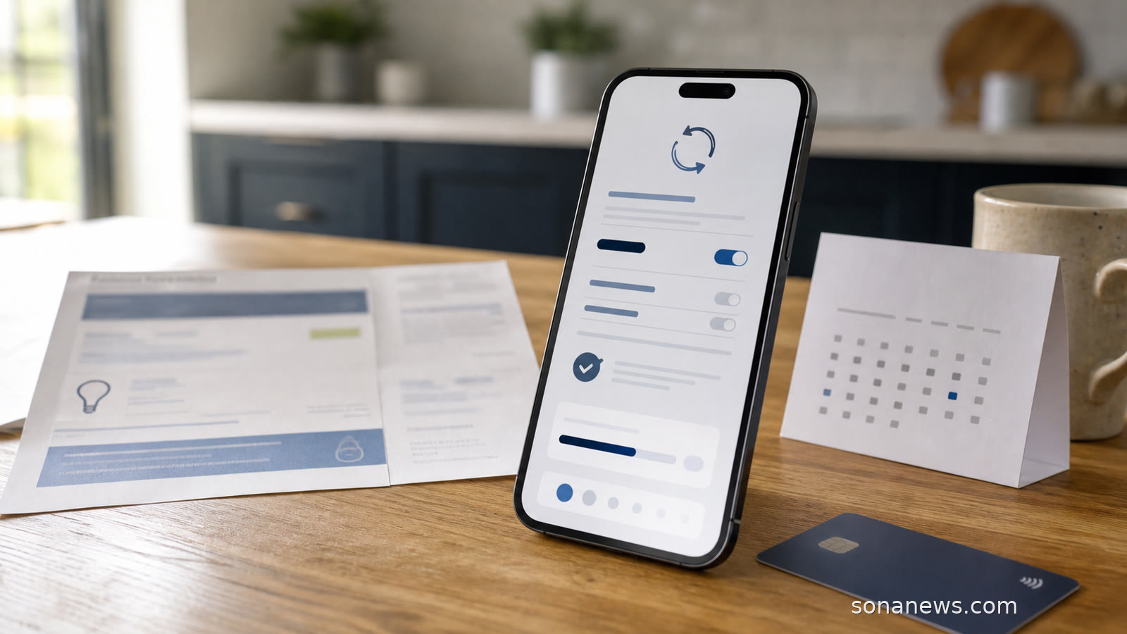 Kitchen table with a blurred open banking payment permission screen, utility bill and calendar for a recurring payments article.
