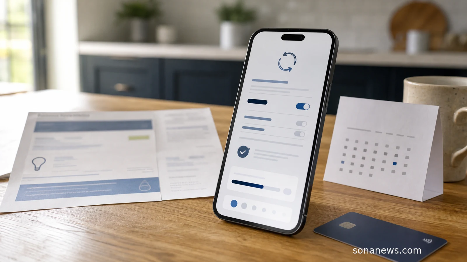 Kitchen table with a blurred open banking payment permission screen, utility bill and calendar for a recurring payments article.