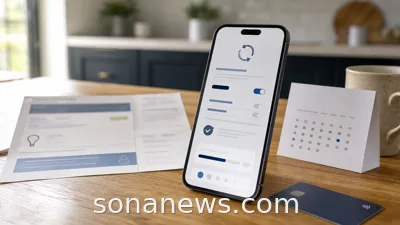 Kitchen table with a blurred open banking payment permission screen, utility bill and calendar for a recurring payments article.