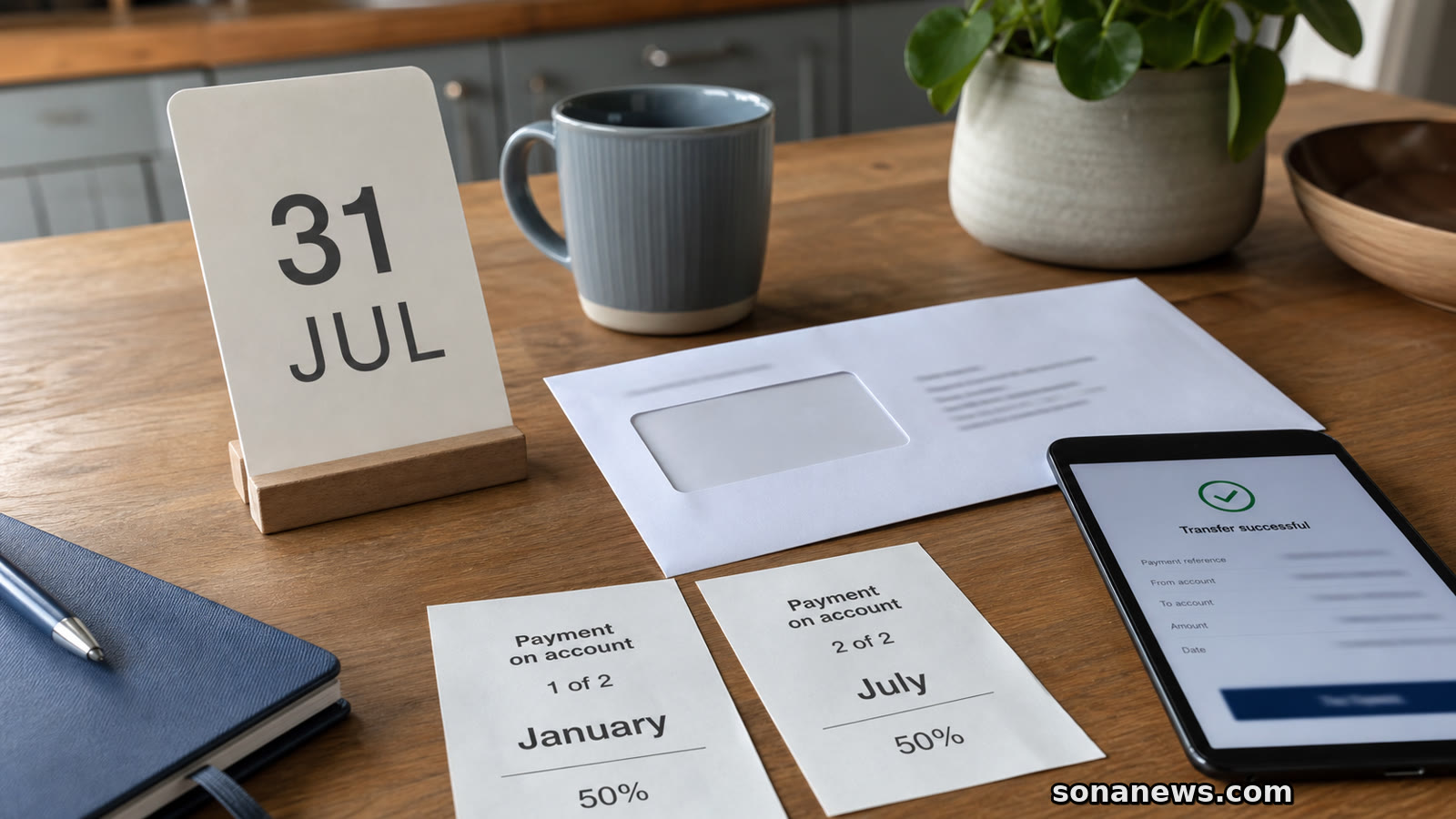 Kitchen table with 31 July Self Assessment calendar, blank tax envelope and two payment slips.