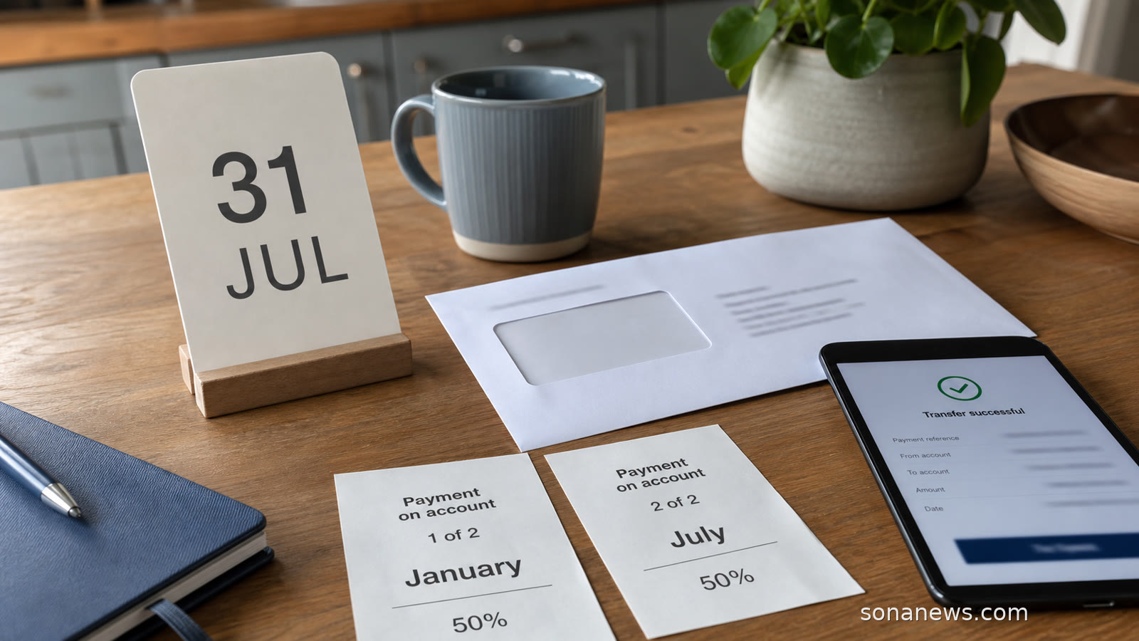 Kitchen table with 31 July Self Assessment calendar, blank tax envelope and two payment slips.