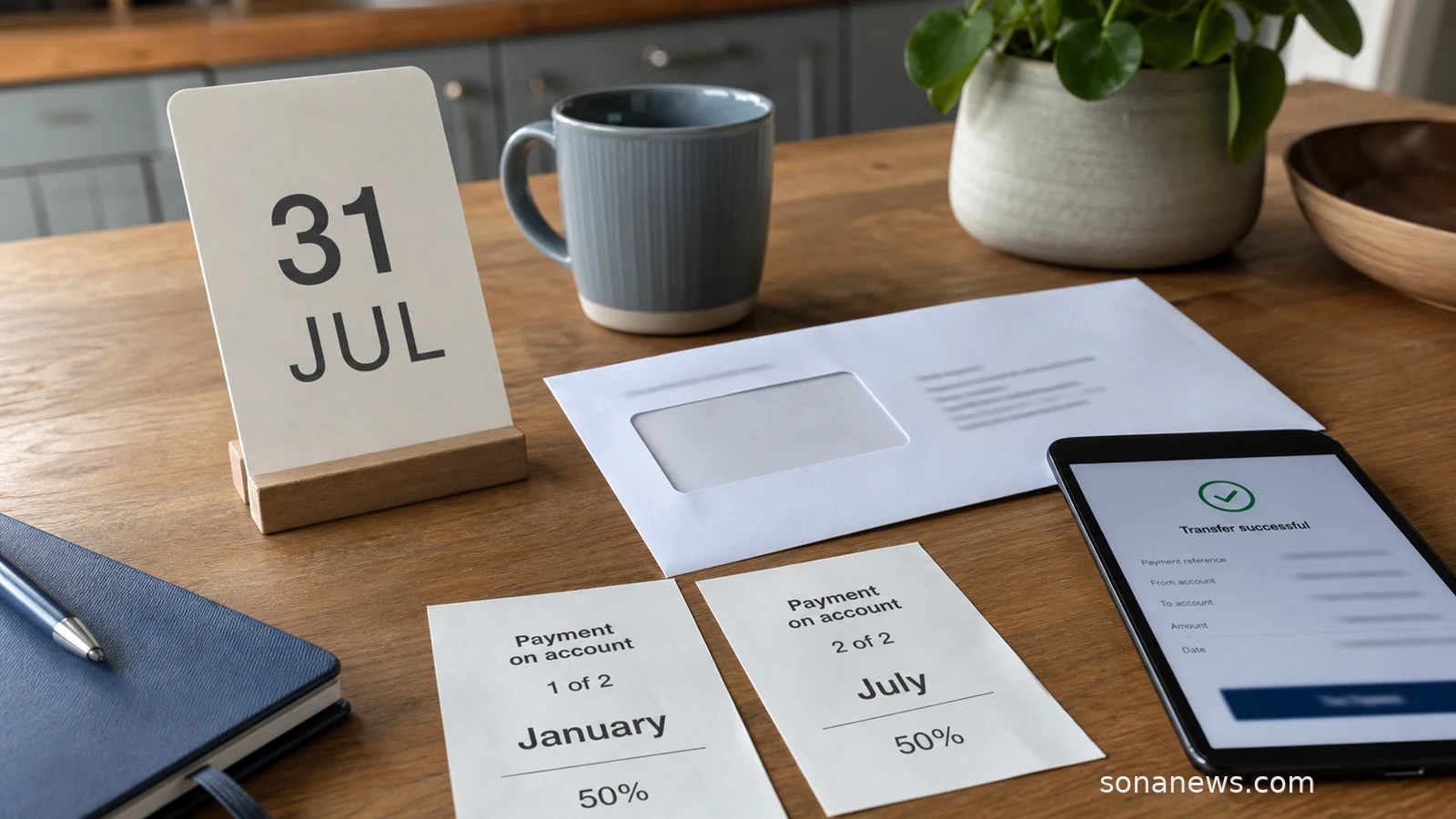 Kitchen table with 31 July Self Assessment calendar, blank tax envelope and two payment slips.
