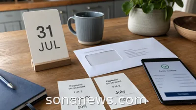 Kitchen table with 31 July Self Assessment calendar, blank tax envelope and two payment slips.