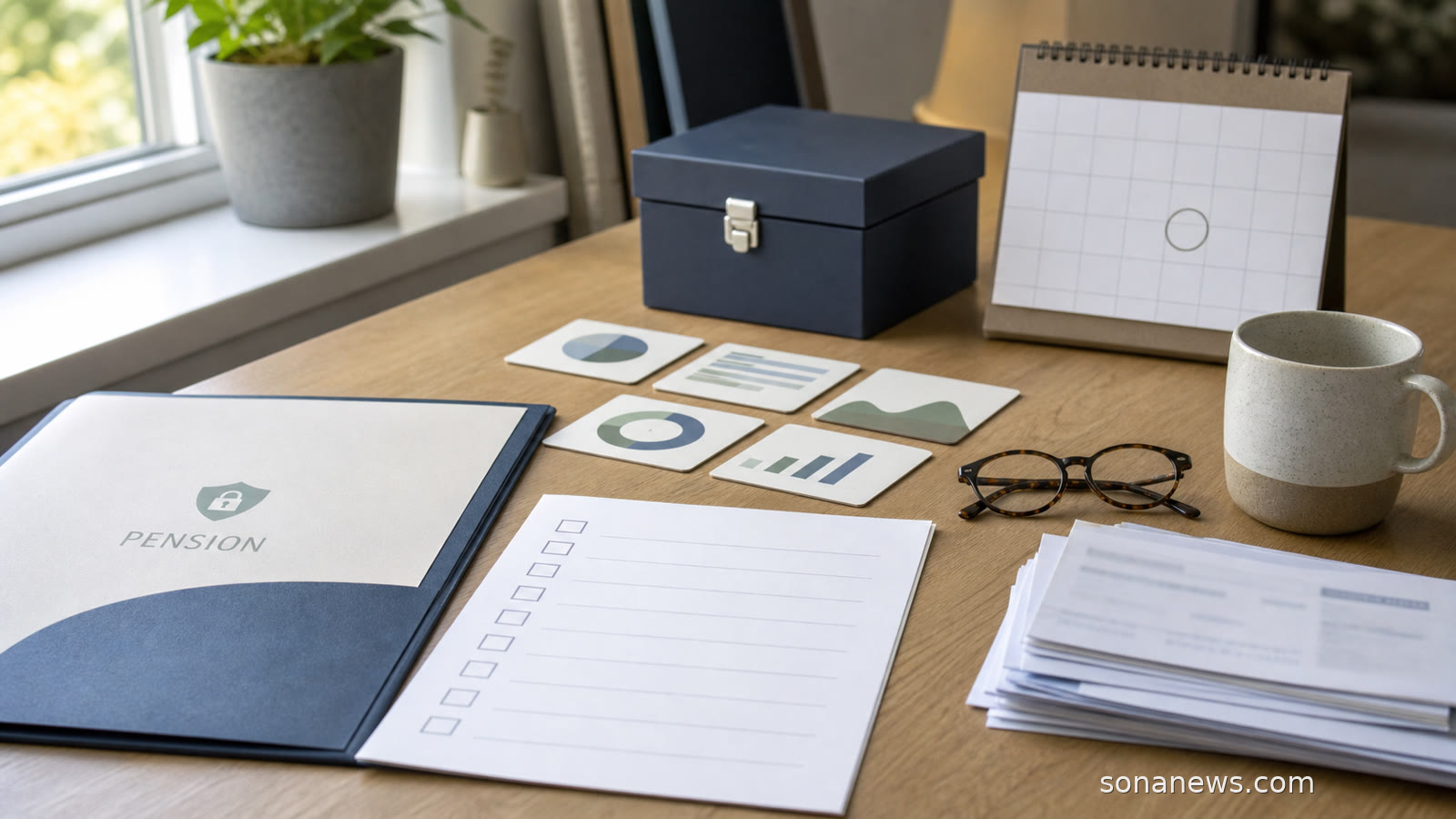 Compliance desk with a SIPP pension folder, blank checklist, locked asset box and late-summer calendar.