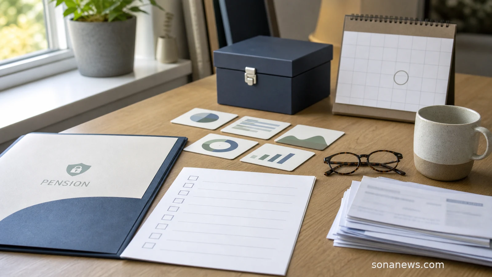 Compliance desk with a SIPP pension folder, blank checklist, locked asset box and late-summer calendar.