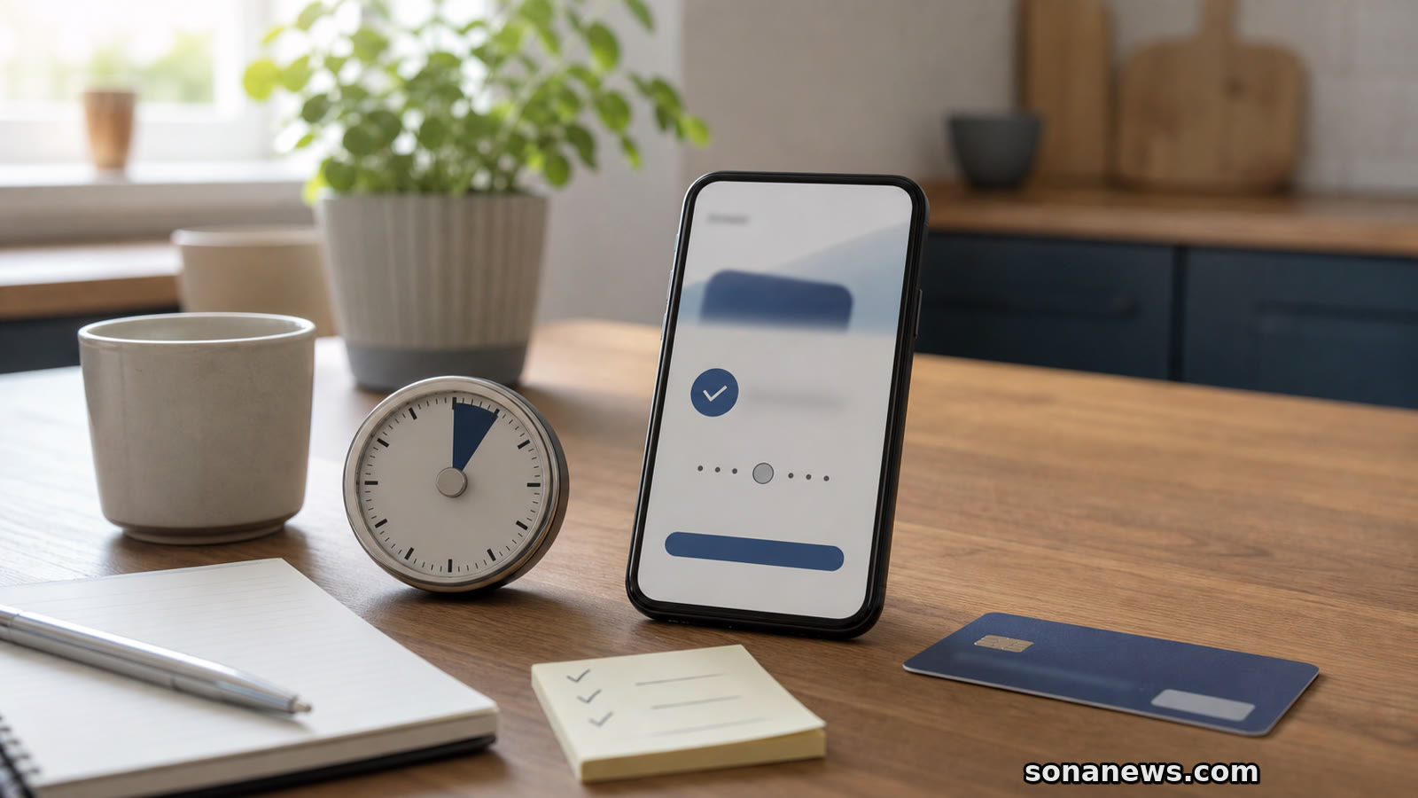 Home banking desk with a blurred phone transfer screen and a timer for an EU instant euro payments name check article.