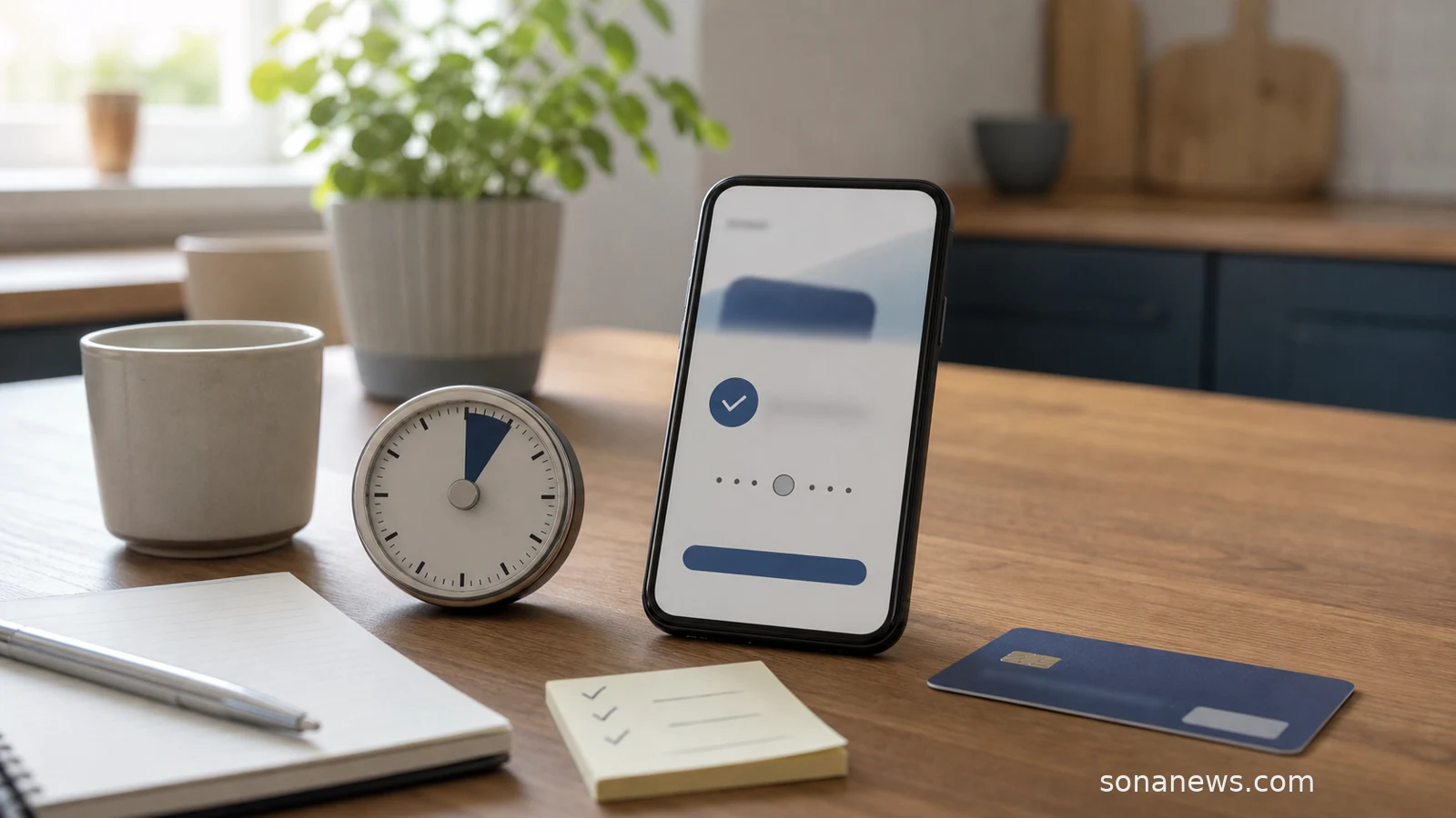 Home banking desk with a blurred phone transfer screen and a timer for an EU instant euro payments name check article.