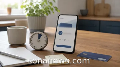 Home banking desk with a blurred phone transfer screen and a timer for an EU instant euro payments name check article.