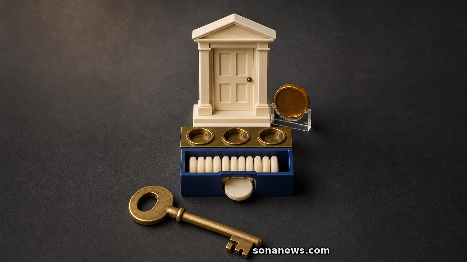 Conceptual UK first-home savings channel holds a bonus token beside a key while three policy settings remain empty.