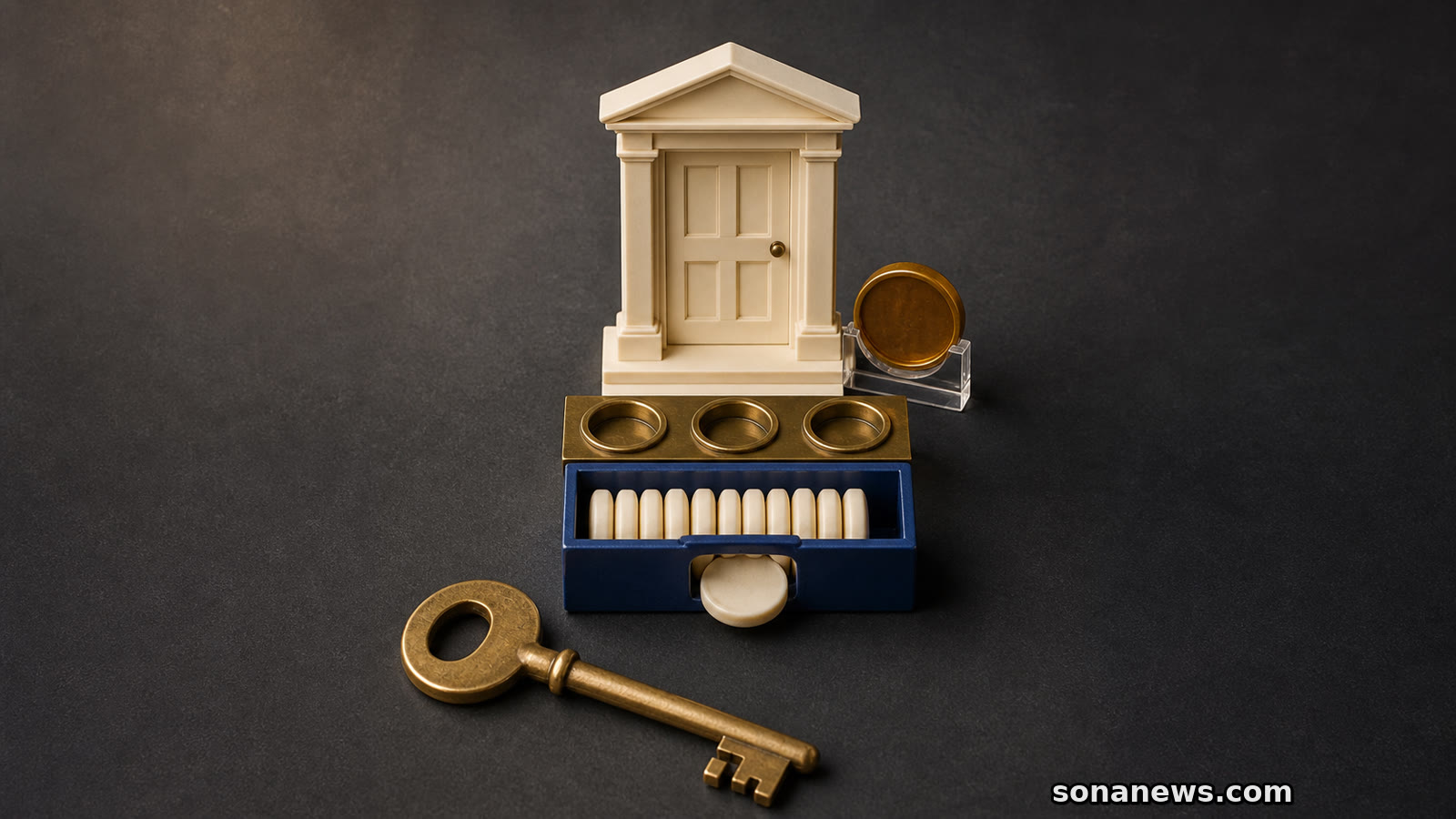 Conceptual UK first-home savings channel holds a bonus token beside a key while three policy settings remain empty.