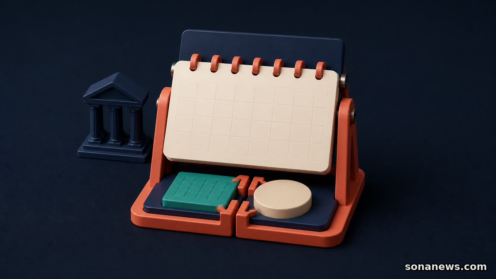 Conceptual blank settlement calendar joins a teal ownership tile and ivory payment puck beside a model securities exchange.