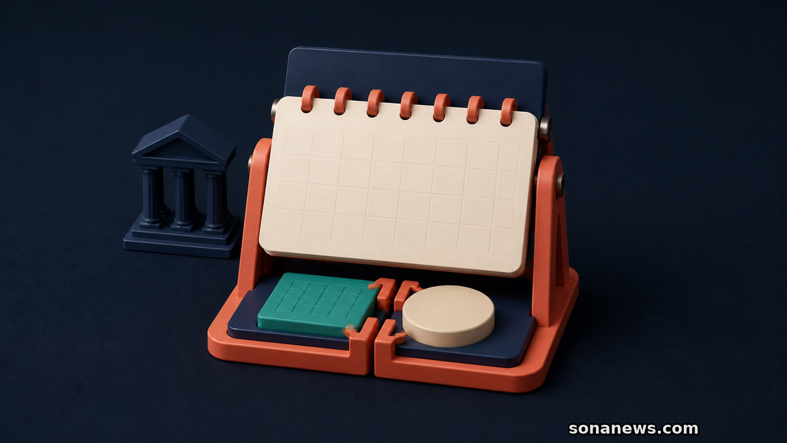 Conceptual blank settlement calendar joins a teal ownership tile and ivory payment puck beside a model securities exchange.