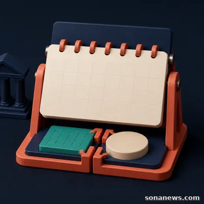 Conceptual blank settlement calendar joins a teal ownership tile and ivory payment puck beside a model securities exchange.