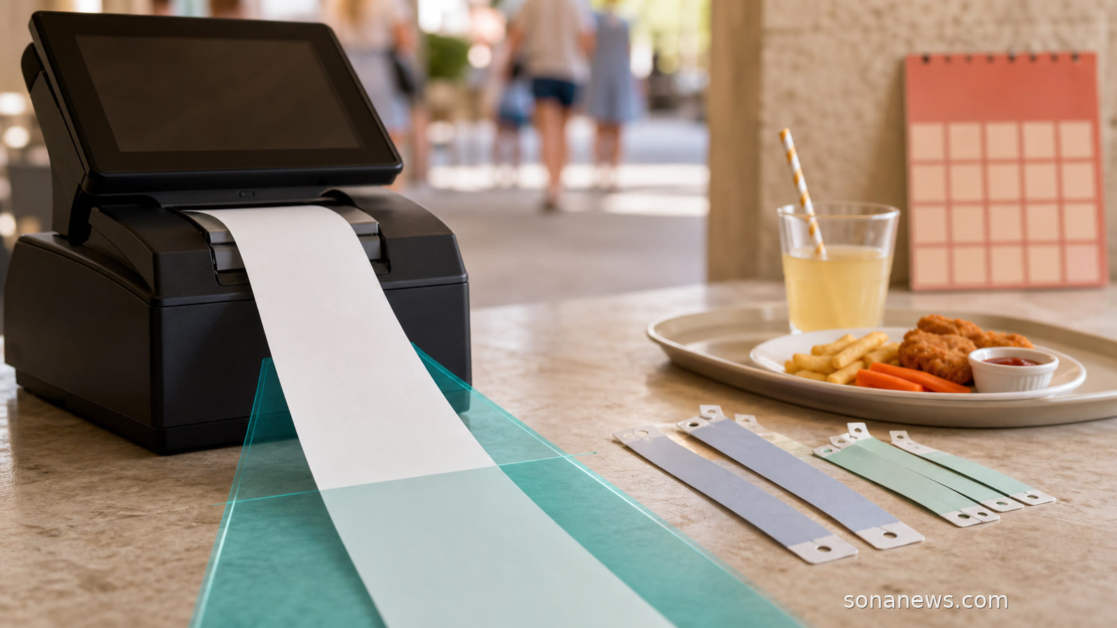 Blank till receipt, family attraction wristbands and a children’s meal illustrating the UK summer VAT cut.