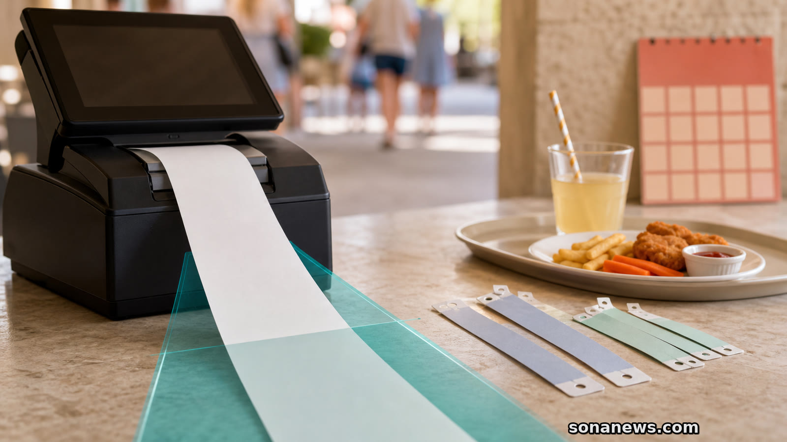 Blank till receipt, family attraction wristbands and a children’s meal illustrating the UK summer VAT cut.
