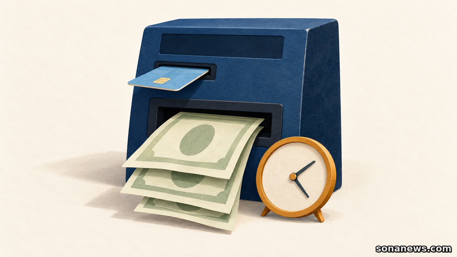 Conceptual cash machine dispensing plain illustrated banknotes beside a clock, showing the timing question behind US credit-card cash advances.