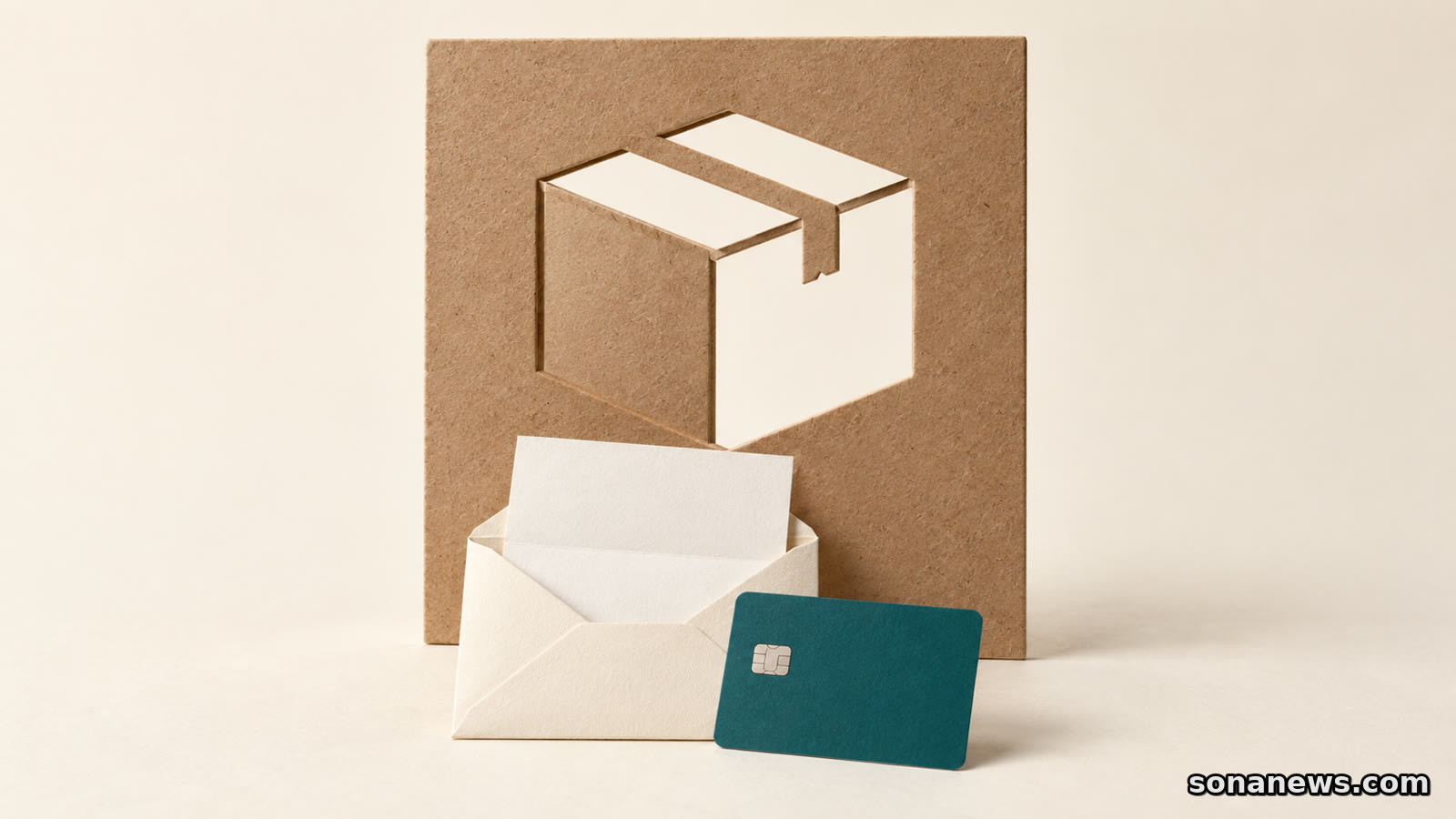 A cut-paper parcel motif stands behind a blank credit card and an open envelope, illustrating a purchase and written billing dispute.