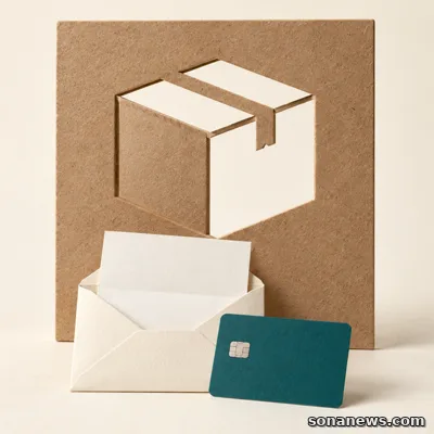 A cut-paper parcel motif stands behind a blank credit card and an open envelope, illustrating a purchase and written billing dispute.