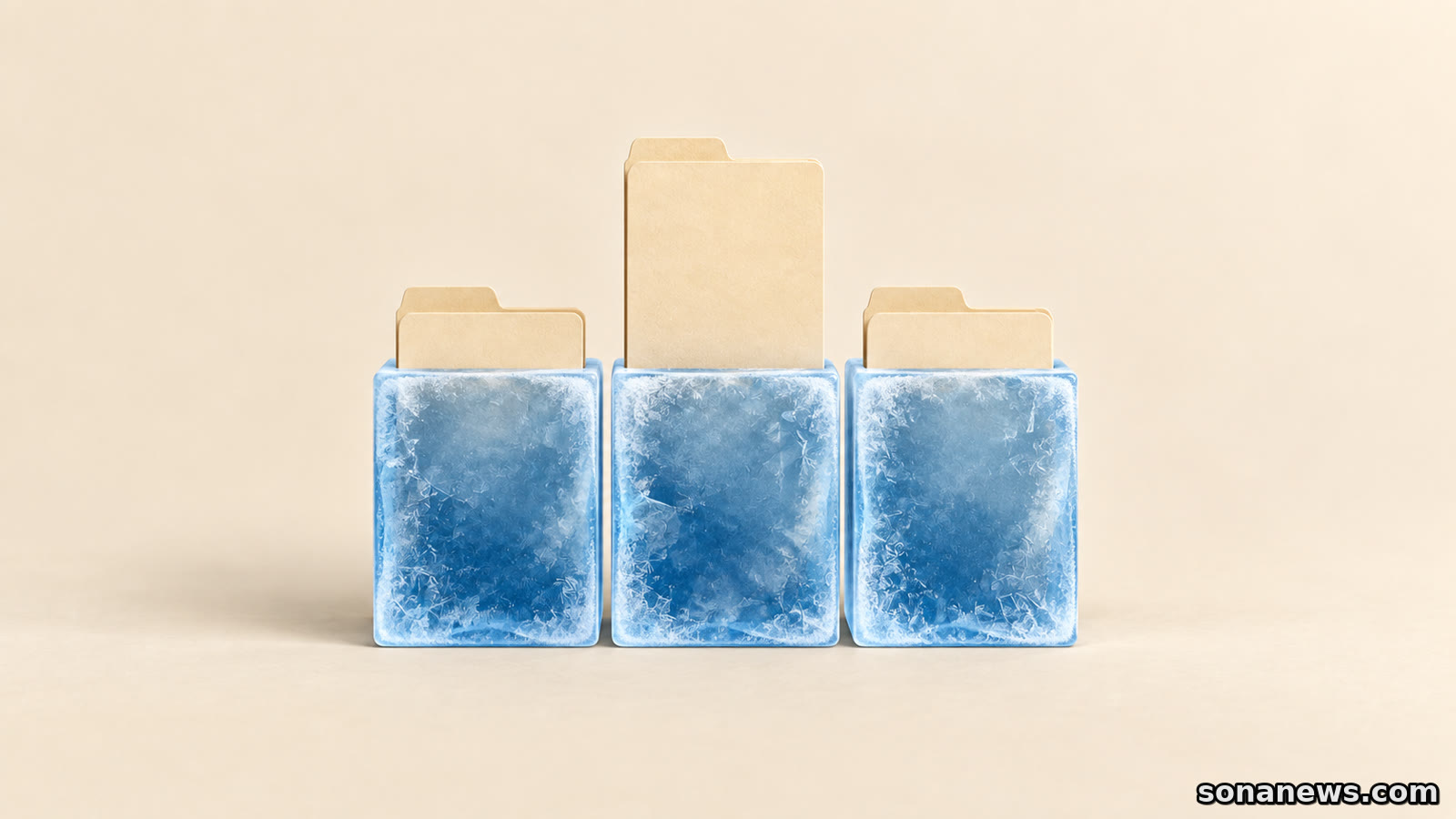 Three credit-file folders sit in separate blue ice blocks, with the central folder extending higher to represent a temporary freeze lift.