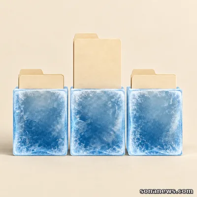 Three credit-file folders sit in separate blue ice blocks, with the central folder extending higher to represent a temporary freeze lift.