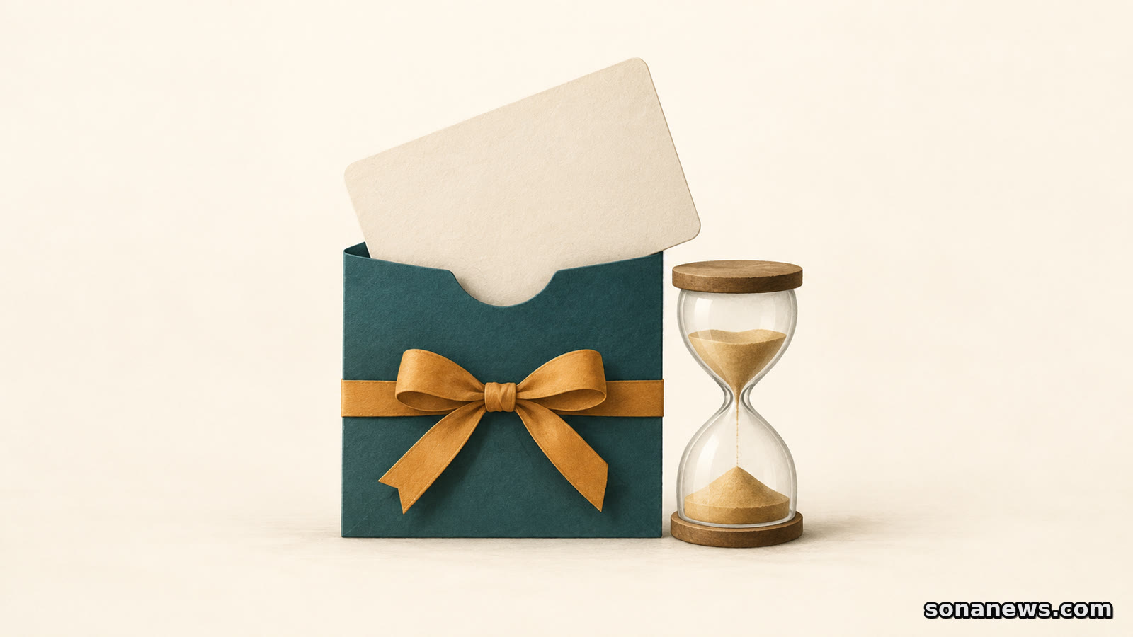 Illustrated gift card emerging from a ribboned sleeve beside an hourglass, representing the distinction between gift card expiry and remaining funds.