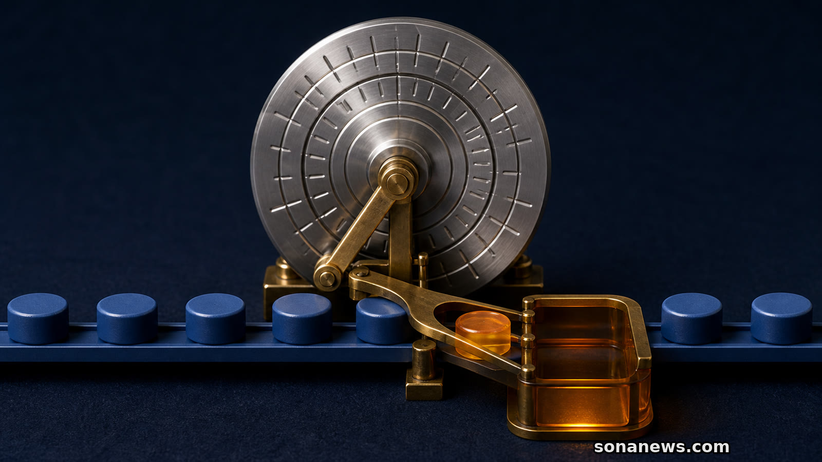 Conceptual US workplace retirement mechanism uses a prior-year wage wheel to route one catch-up token into a Roth chamber.