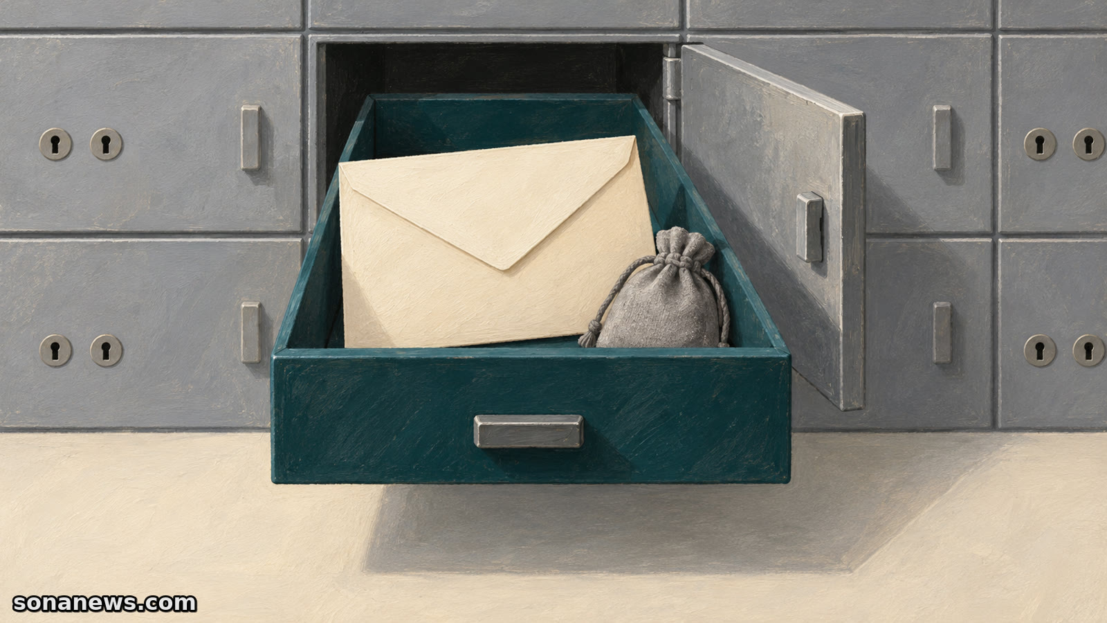 An illustrated bank safe deposit drawer holds a plain envelope and a cloth pouch beside a grid of closed compartments.