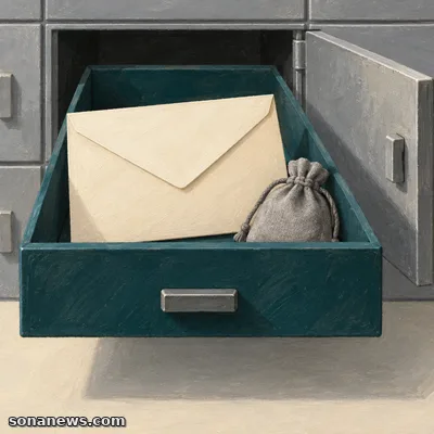 An illustrated bank safe deposit drawer holds a plain envelope and a cloth pouch beside a grid of closed compartments.