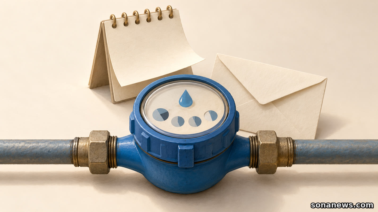 Conceptual water meter connected to a pipe beside a blank calendar and billing envelope, illustrating water-meter trial timing.