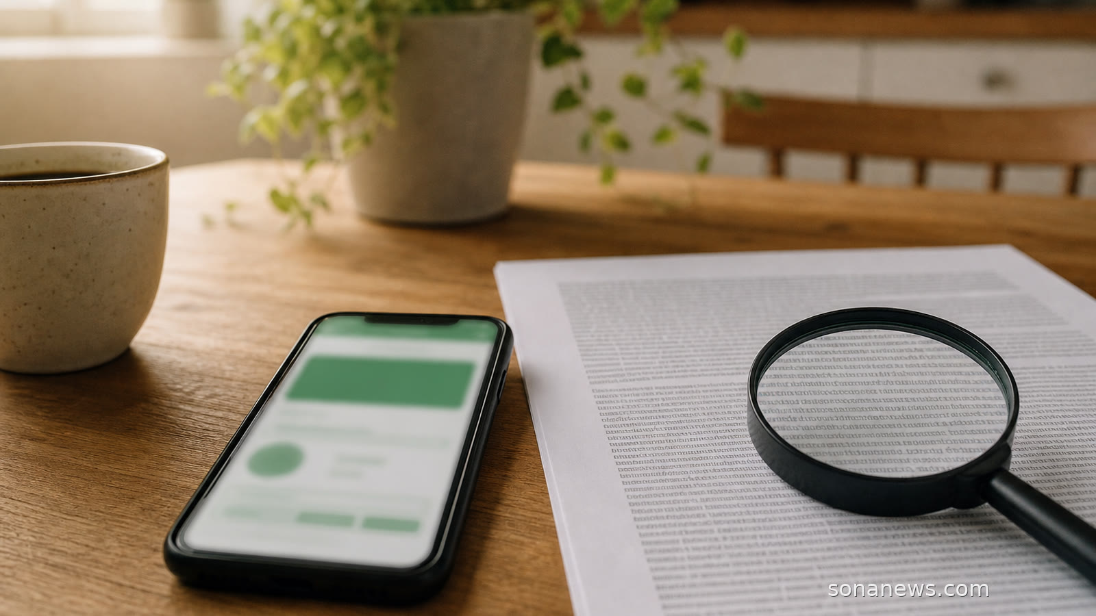 Smartphone and paper cash savings statement with a magnifying glass over small print, illustrating savings rates, account terms and deposit protection.
