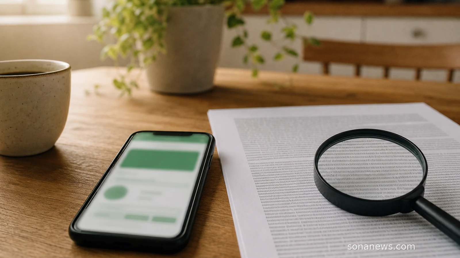 Smartphone and paper cash savings statement with a magnifying glass over small print, illustrating savings rates, account terms and deposit protection.