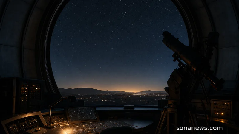 Observatory telescope under a star-filled sky aimed at a bright point, illustrating asteroid Apophis and the 2029 close flyby.