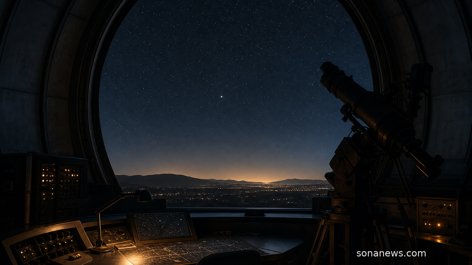 Telescopio de observatorio bajo un cielo estrellado apuntando a un punto brillante, imagen sobre el asteroide Apophis y su sobrevuelo cercano de 2029.