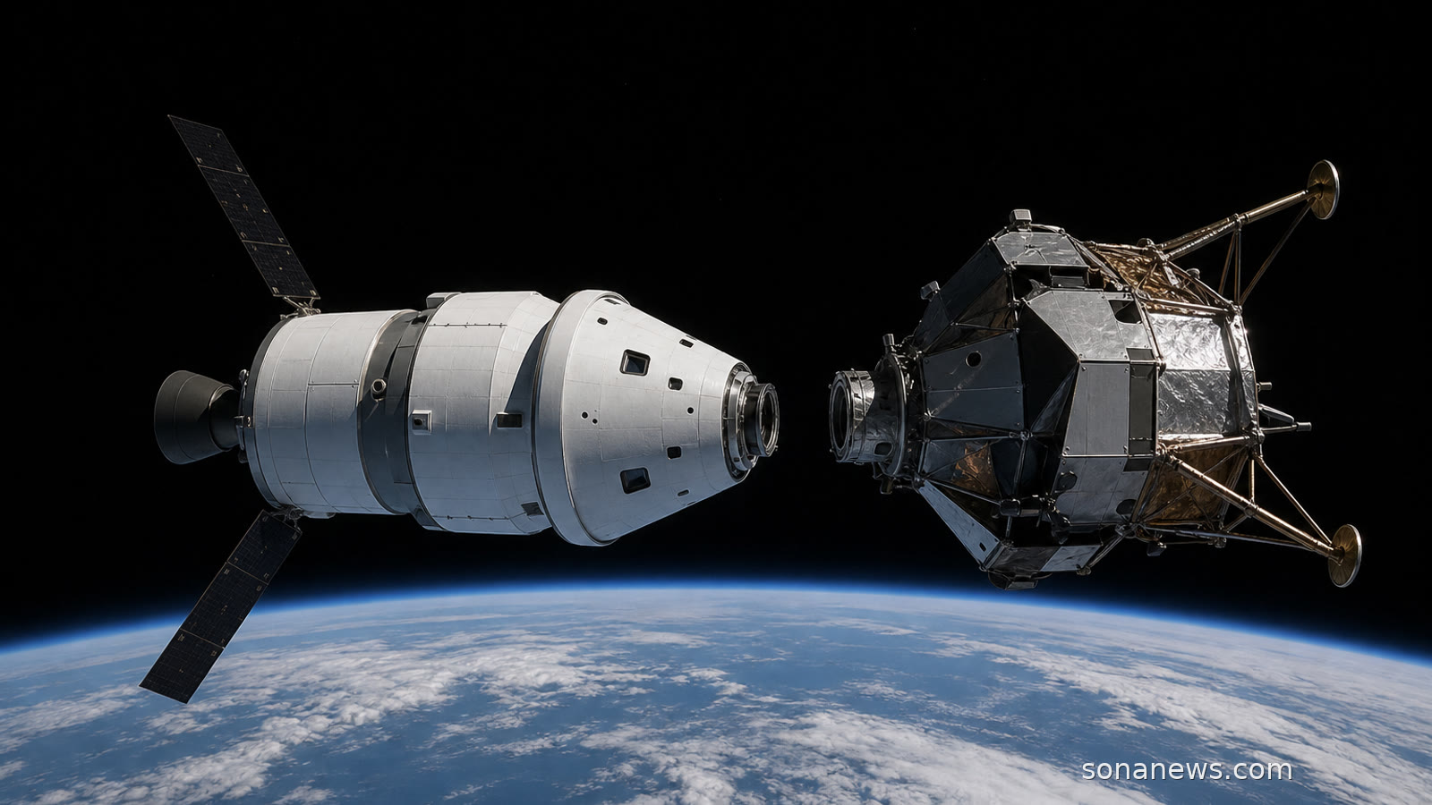 Orion-like spacecraft approaching a generic lander test article above Earth, illustrating Artemis III docking tests before lunar landings.