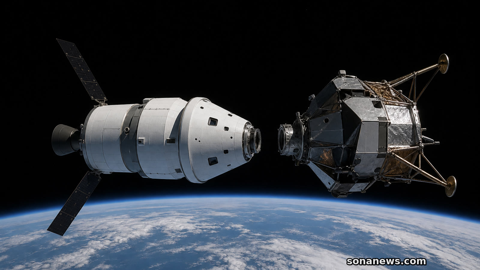 Orion-like spacecraft approaching a generic lander test article above Earth, illustrating Artemis III docking tests before lunar landings.