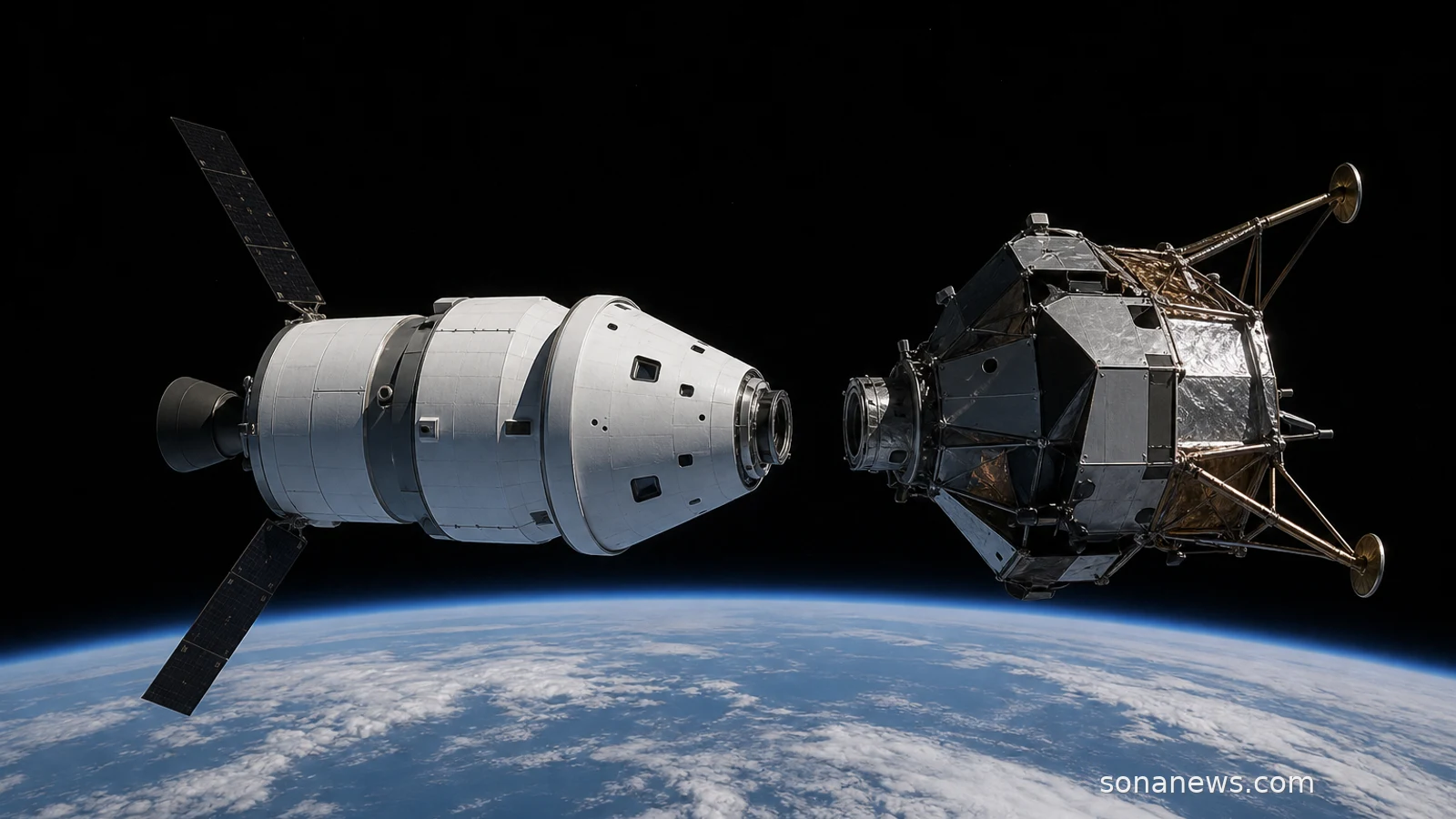 Orion-like spacecraft approaching a generic lander test article above Earth, illustrating Artemis III docking tests before lunar landings.