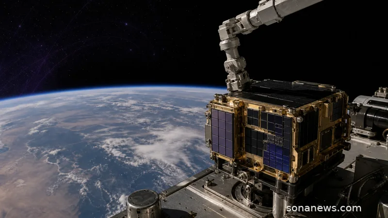 AstroPix gamma-ray detector module on a satellite deck as a robotic arm moves it in orbit.