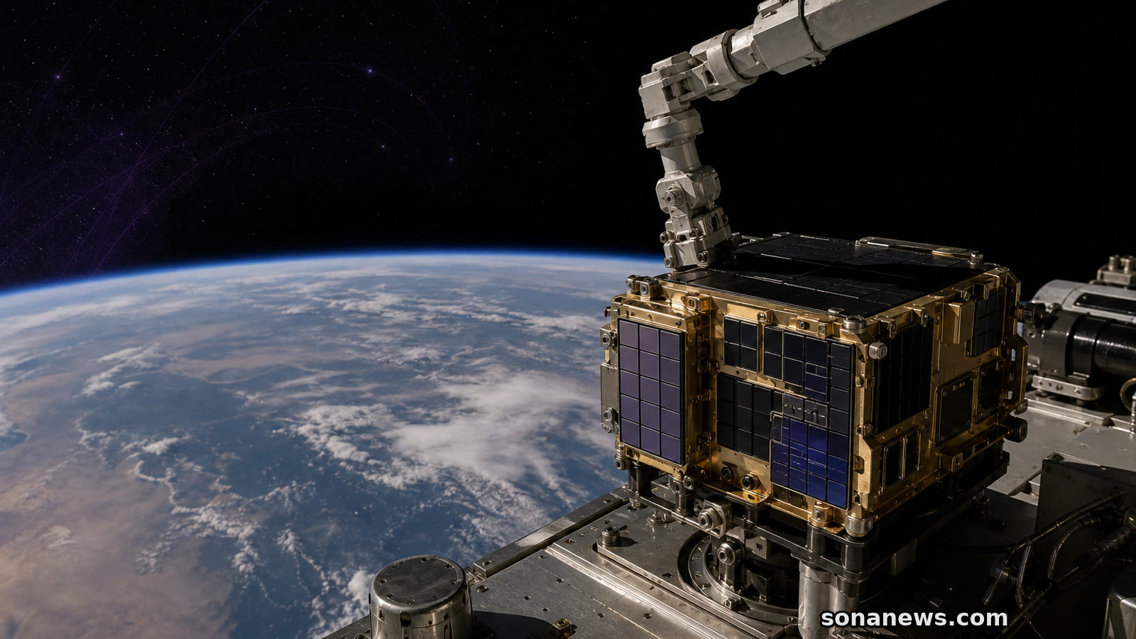 AstroPix gamma-ray detector module on a satellite deck as a robotic arm moves it in orbit.