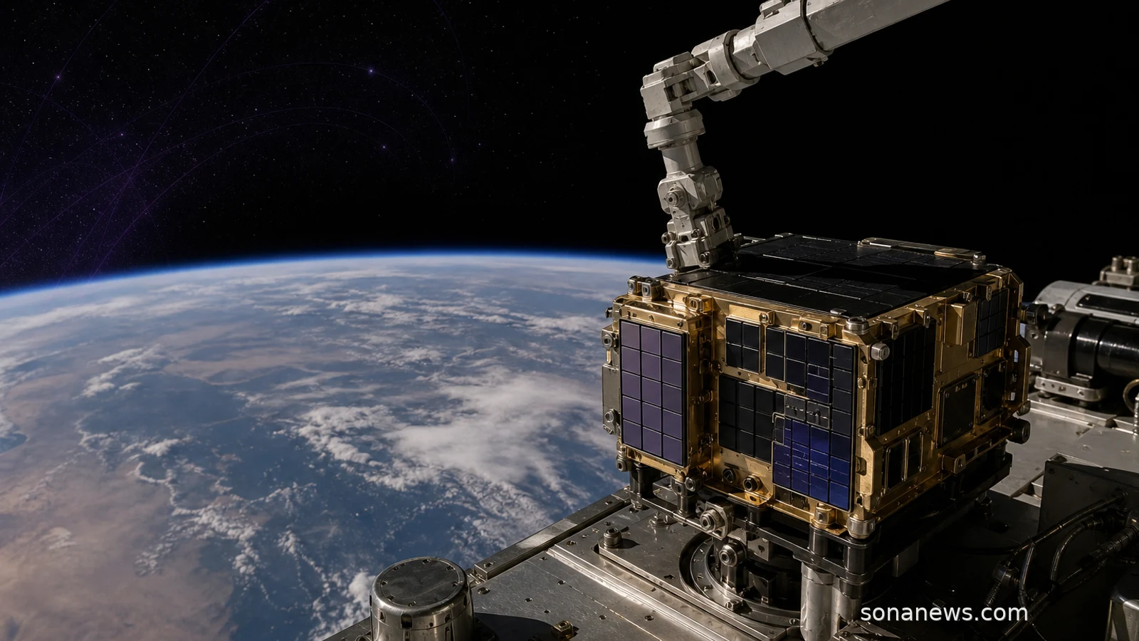 AstroPix gamma-ray detector module on a satellite deck as a robotic arm moves it in orbit.