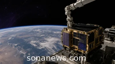 AstroPix gamma-ray detector module on a satellite deck as a robotic arm moves it in orbit.
