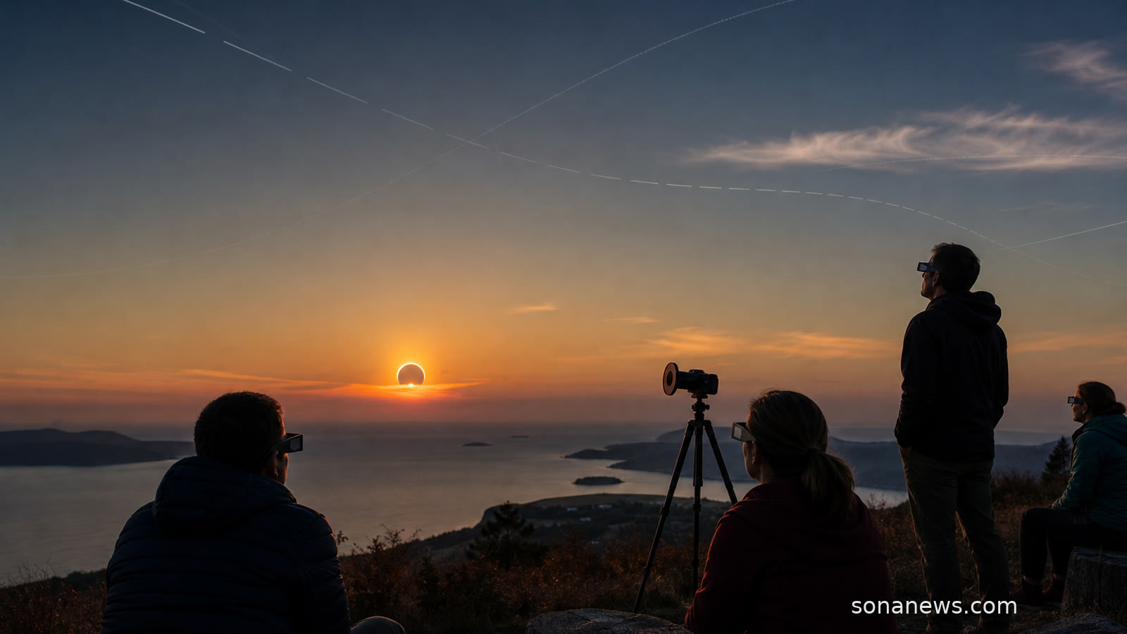 A low evening Sun partly covered by the Moon as eclipse viewers use protective glasses on a coastal hill.