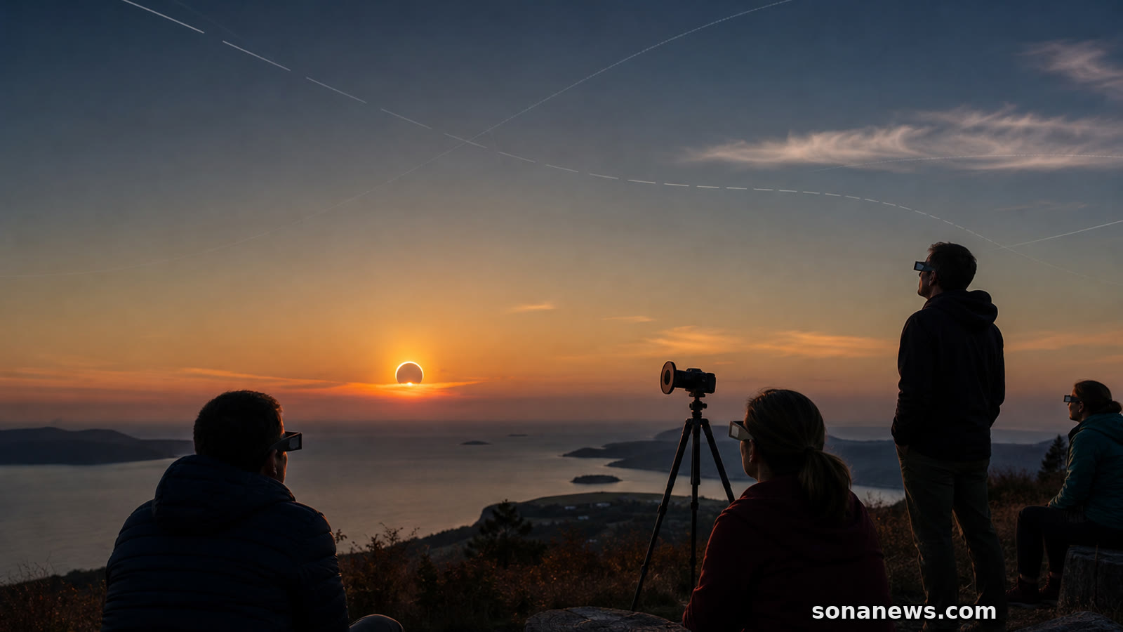 A low evening Sun partly covered by the Moon as eclipse viewers use protective glasses on a coastal hill.