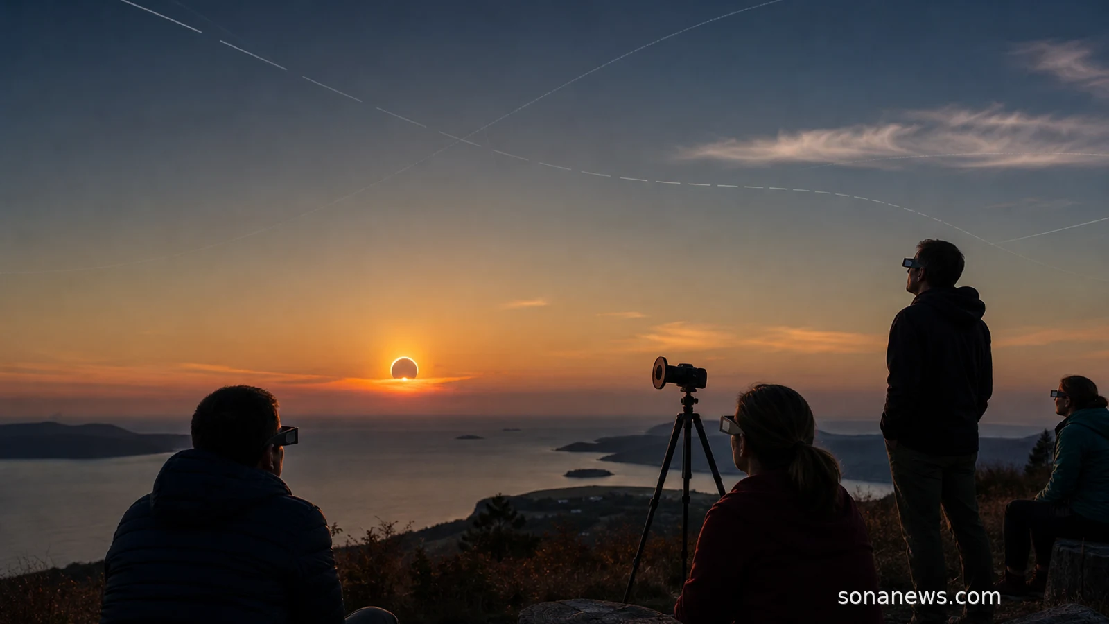 A low evening Sun partly covered by the Moon as eclipse viewers use protective glasses on a coastal hill.