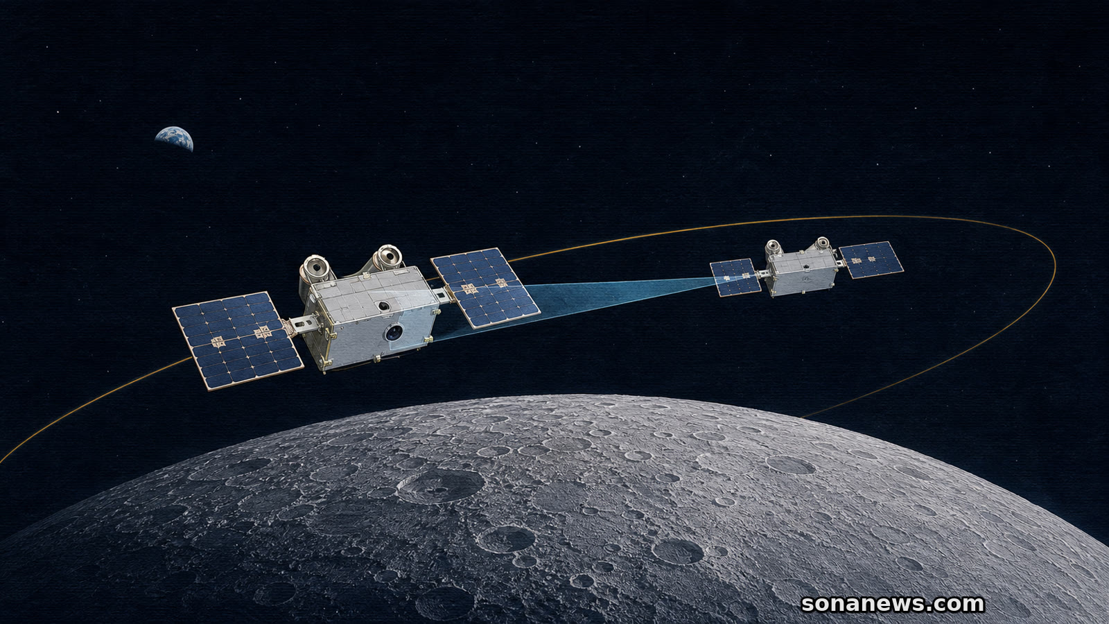Two conceptual CAPSTONE 02 spacecraft hold formation above the Moon while a cyan sight cone marks relative navigation.