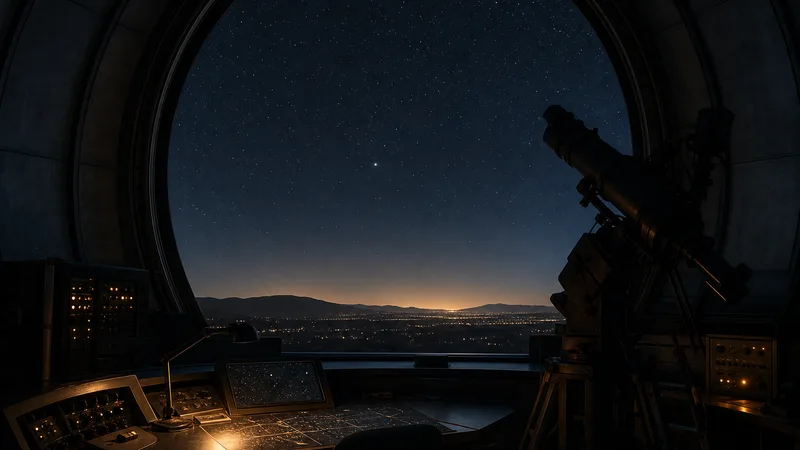 A quiet observatory dome under a star-filled sky, with a telescope aimed toward a small bright point.