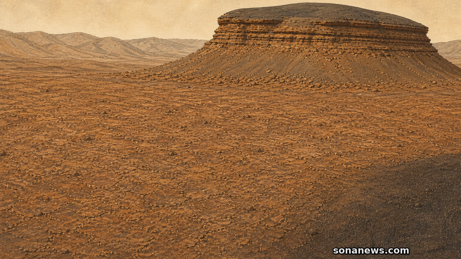 Editorial illustration of irregular polygon fractures spreading across Valle Grande toward a layered, dark-sand-capped Martian butte.
