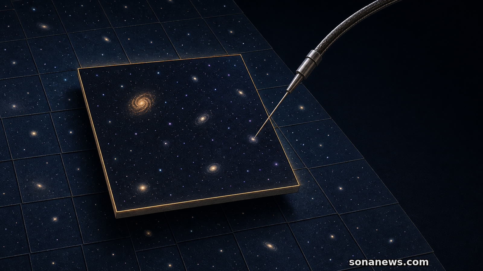 Conceptual survey brick lifted from a DESI sky atlas as an optical fibre selects one distant galaxy.