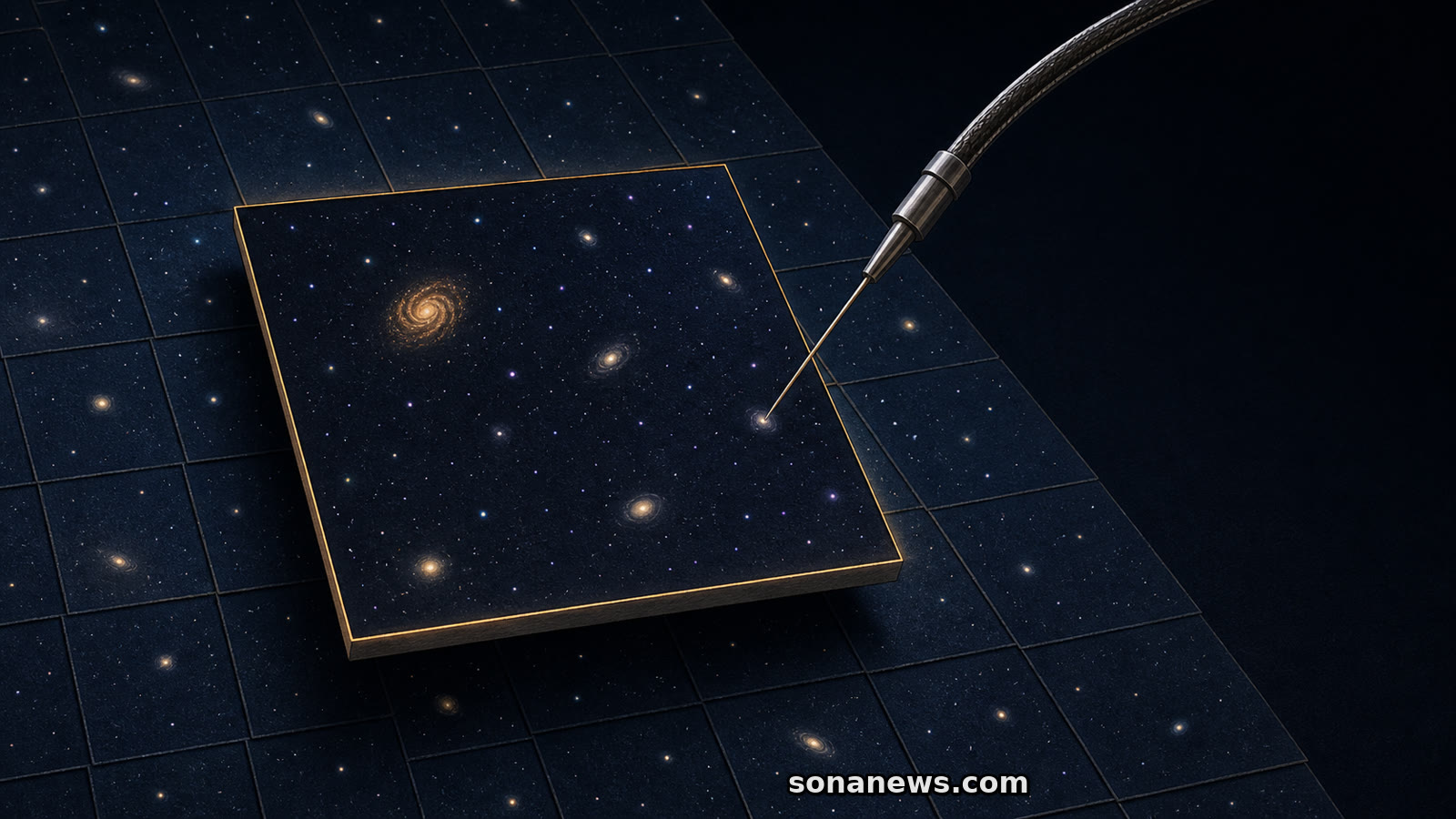 Conceptual survey brick lifted from a DESI sky atlas as an optical fibre selects one distant galaxy.