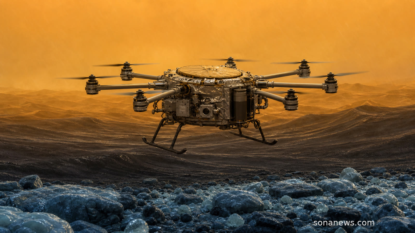 NASA’s eight-rotor Dragonfly laboratory flies above Titan’s dark dunes with its round antenna locked down.