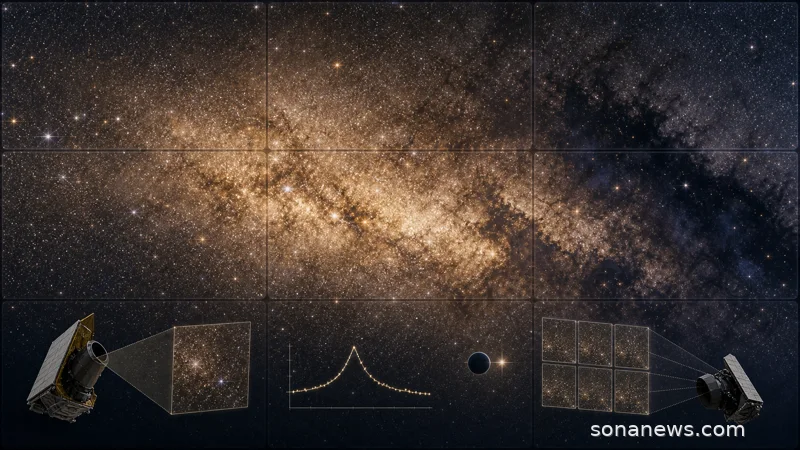 Dense Euclid Milky Way bulge starfield with dark dust lanes and Roman microlensing survey cues.